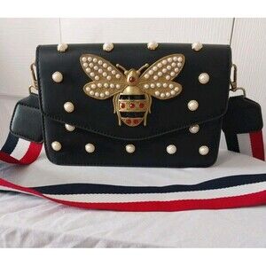 Fashon Handbag Ornate Bee with Pearl Accent  Crossbody Clutch Black Gold Pearl